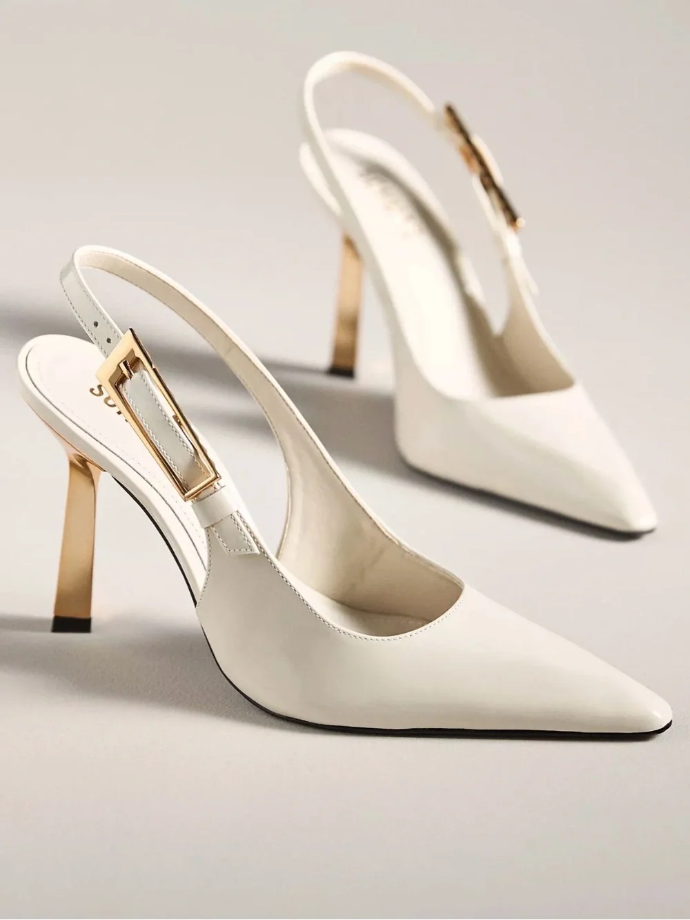 SCHUTZ Cream Pointed Slingback Heels with Gold Buckle & Gold Heel